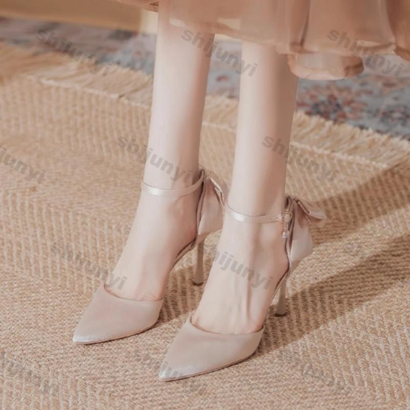 Fashion Women Elegant Nude High Heels Pumps Shallow Mouth Slip on Stiletto High Heel Shoes Woman Sexy Bows Point Toe Party Banquet Shoes