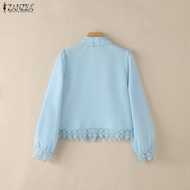 ZANZEA Women Casual Turn Down Collar Long Sleeve Lace Splice Blouse