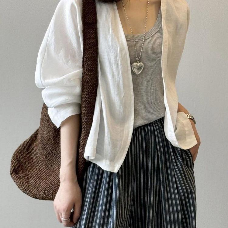 

Women Retro White Shirt Jacket Summer Artistic Cardigan Top Thin Loose Long Sleeved Sun Protection Shirt S белый