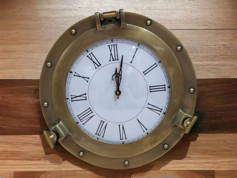 Antique Brass Nautical Maritime Ship's & Boat Clock Marine Time Beach Style Quartz Wall Clock Porthole ~ Home Décor Gift, Housewarming Gift