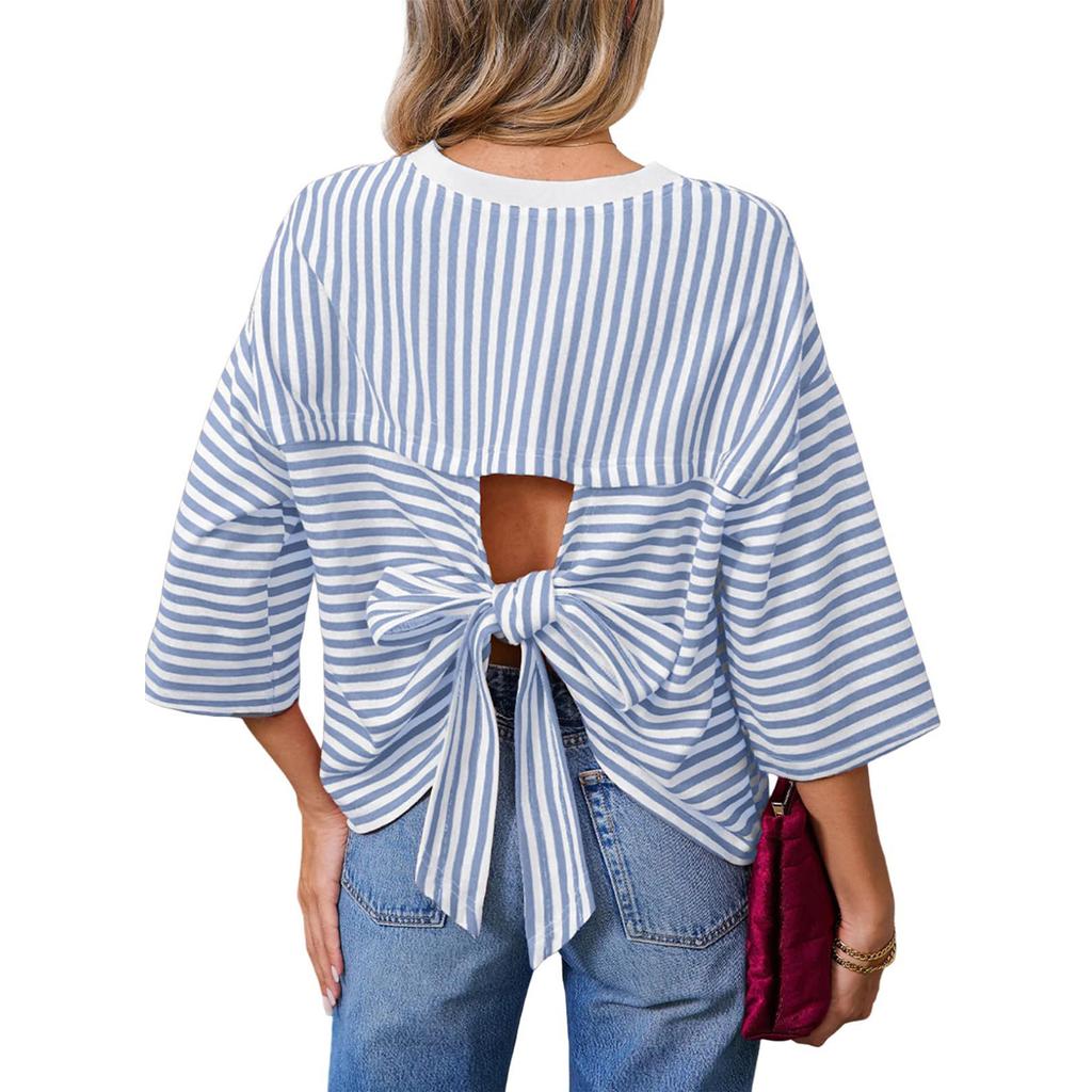 Damen Freizeit Pullover mit Streifen, Rundhalsausschnitt, Rückenausschnitt und Bindeband, Lockerer Schnitt, Modisches Oberteil für den täglichen Gebrauch