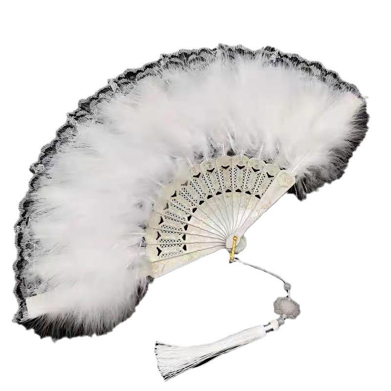 Ancient Style Feather and Lace Cheongsam Fan - Retro Chinese Hanfu Dance Accessory.