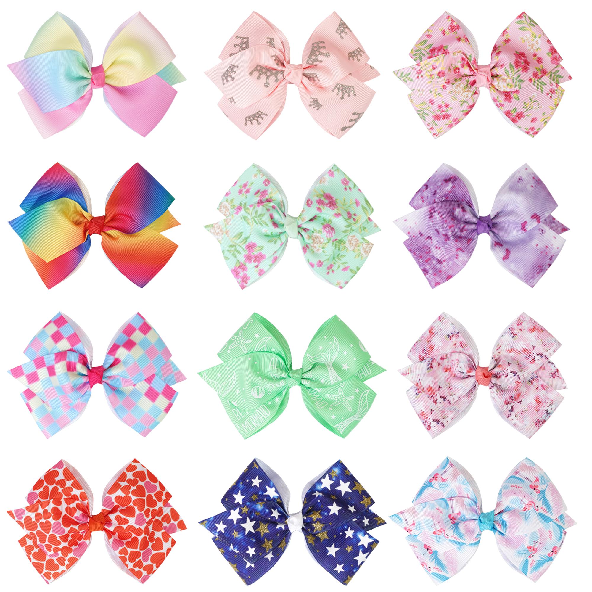 

12 шт./набор 5-дюймовые банты для девочек Бутиковые банты из репсовой ленты Радужные банты для волос Зажимы-крокодильчики Банты-хвостики Заколки для волос с единорогами