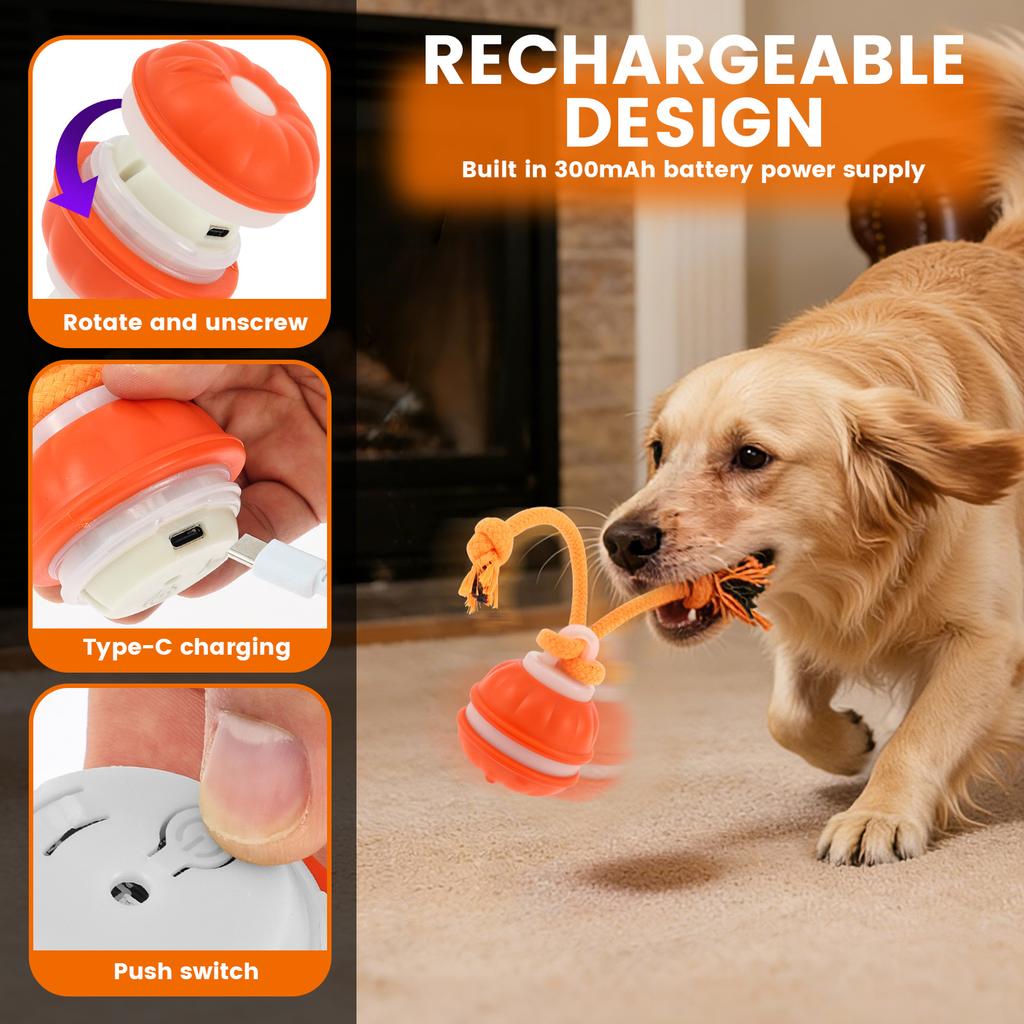Interactive Dog Toy 3 Modes Automatic Rolling Moving Dog Toy with Rope Multi-role Rechargeable Squeaky Dog Ball Toy Pet Supplies