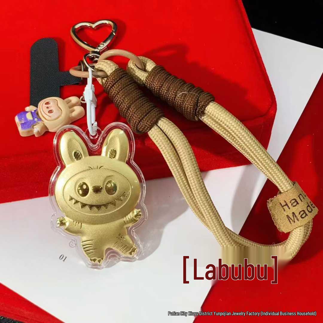 999 Pure Gold Labubu Cartoon Doll Phone Charm with Beaded Chain & Keychain Ornament