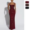 Damen Quadratischer Ausschnitt Pailletten Maxikleid Ärmellos Bodycon Glitzer Funkelnd Abendparty Kleid