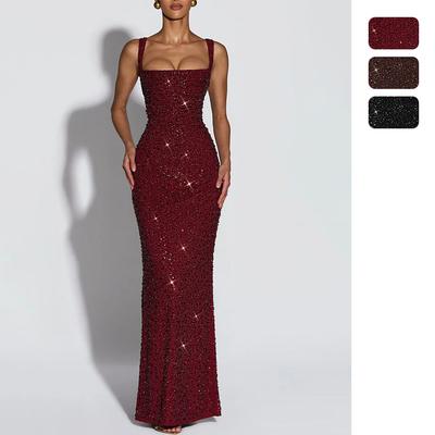 Women Square Neck Sequin Maxi Dress Sleeveless Bodycon Glitter Sparkly Evening Party Gown