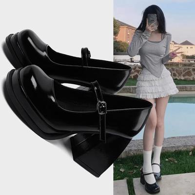 Autumn 2024 New Women's Shoes Mary Jane Shoes American High Heels Retro Black Small Leather Shoes Women's Thick Heel Waterproof Table