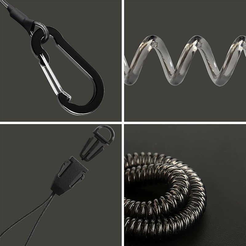 Lix&Rix Fall Prevention Strap Key Chain Curl Cord Built-in Wire One-touch Type Set of 4 Black and Silver Pieces