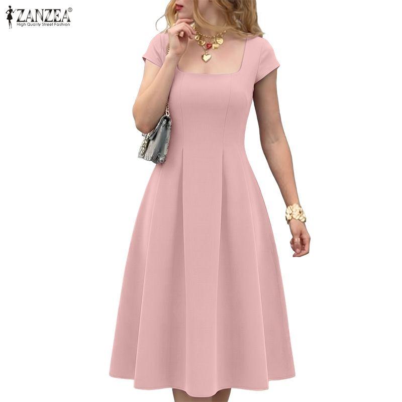 ZANZEA Women Elegant Square Collar Casual Short Sleeve Dress