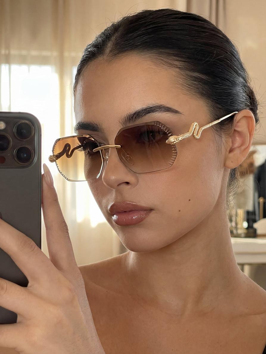 

Metal frameless polygonal glasses with snake-shaped temples, vintage, elegant, and fashionable, suitable for daily commuting and коричневый