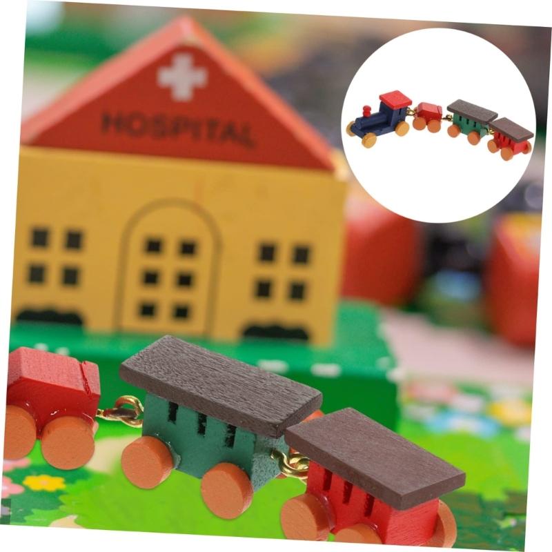 1/12 Miniature Wood Train Toy with Vibrancy Color Carriages and Metal Hooks for Doll House Scene Display Enhancement