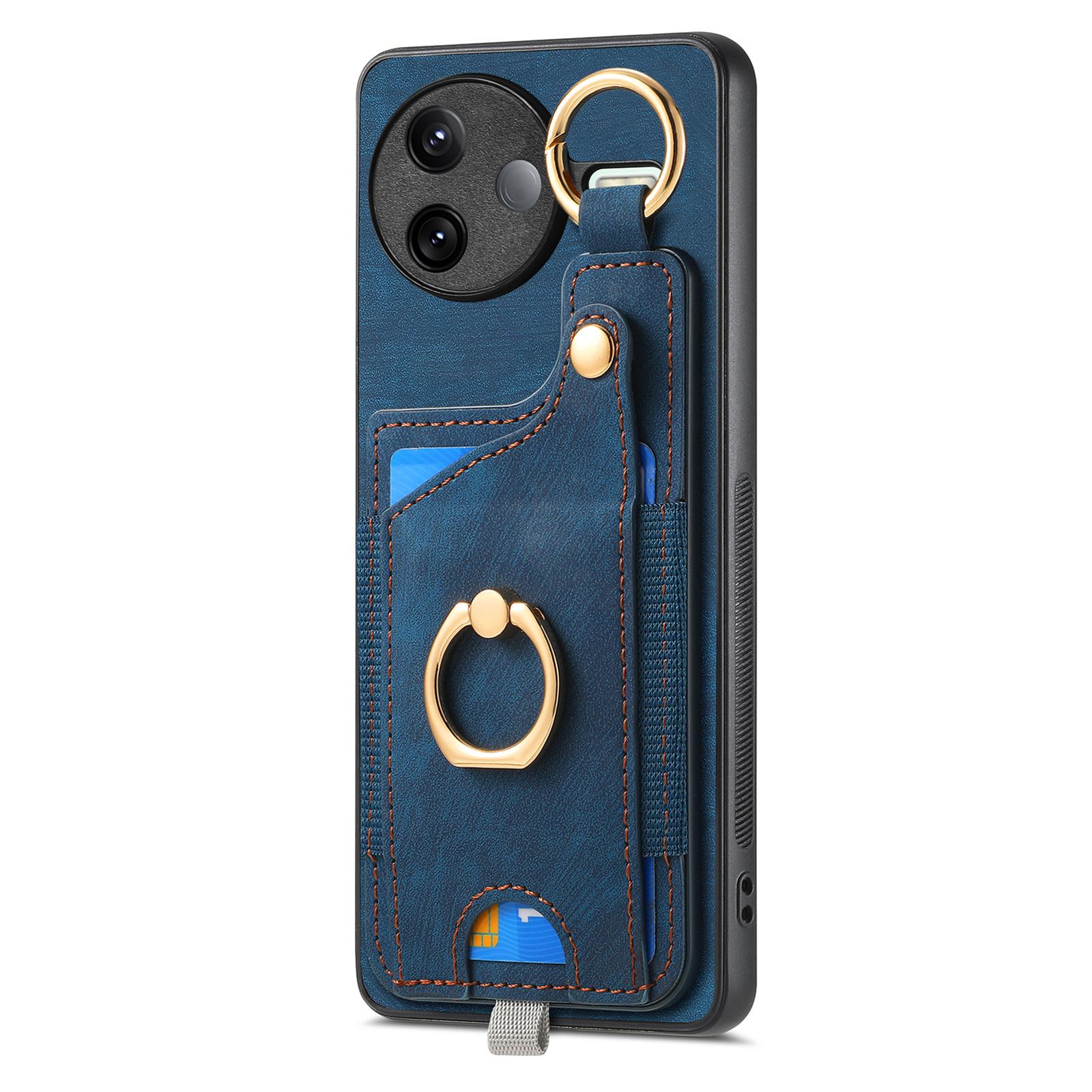 

For Xiaomi Poco F7 Pro 5G/Xiaomi Redmi K80 5G Retro Leather Phone Back Cover with Card Slots and Ring Holder Blue