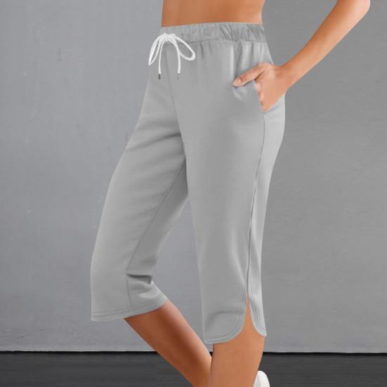 Dame Kortere Bukser Elastisk Midje Justerbar Snøring Ensfarget Midt-legg Lengde Bukser med Lommer Hverdagsklær