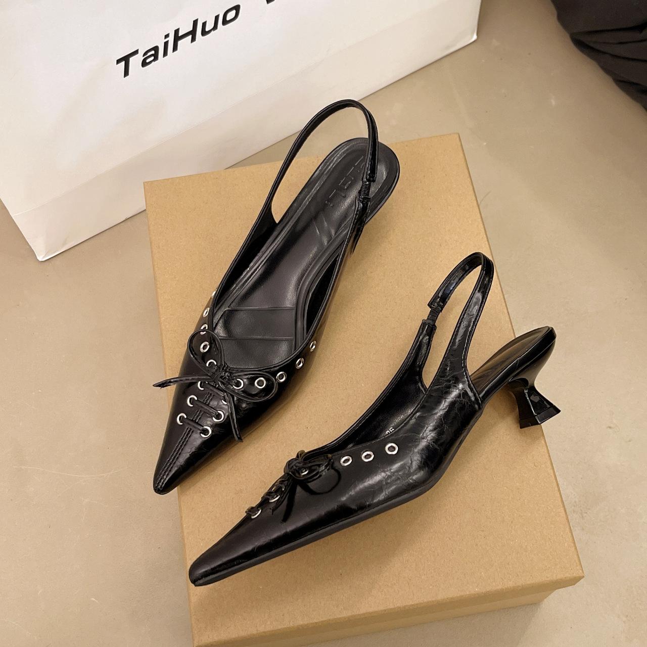 

French temperament pointed head thin heel empty sandals women s spring and summer 2025 new belt buckle kitten and bag head single shoes 34