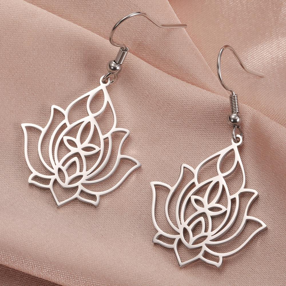 Dawapara Lotus Flower Dangle Earrings for Women Stainless Steel Round Flower Charm Yoga Jewelry Buddhist Spiritual Amulet