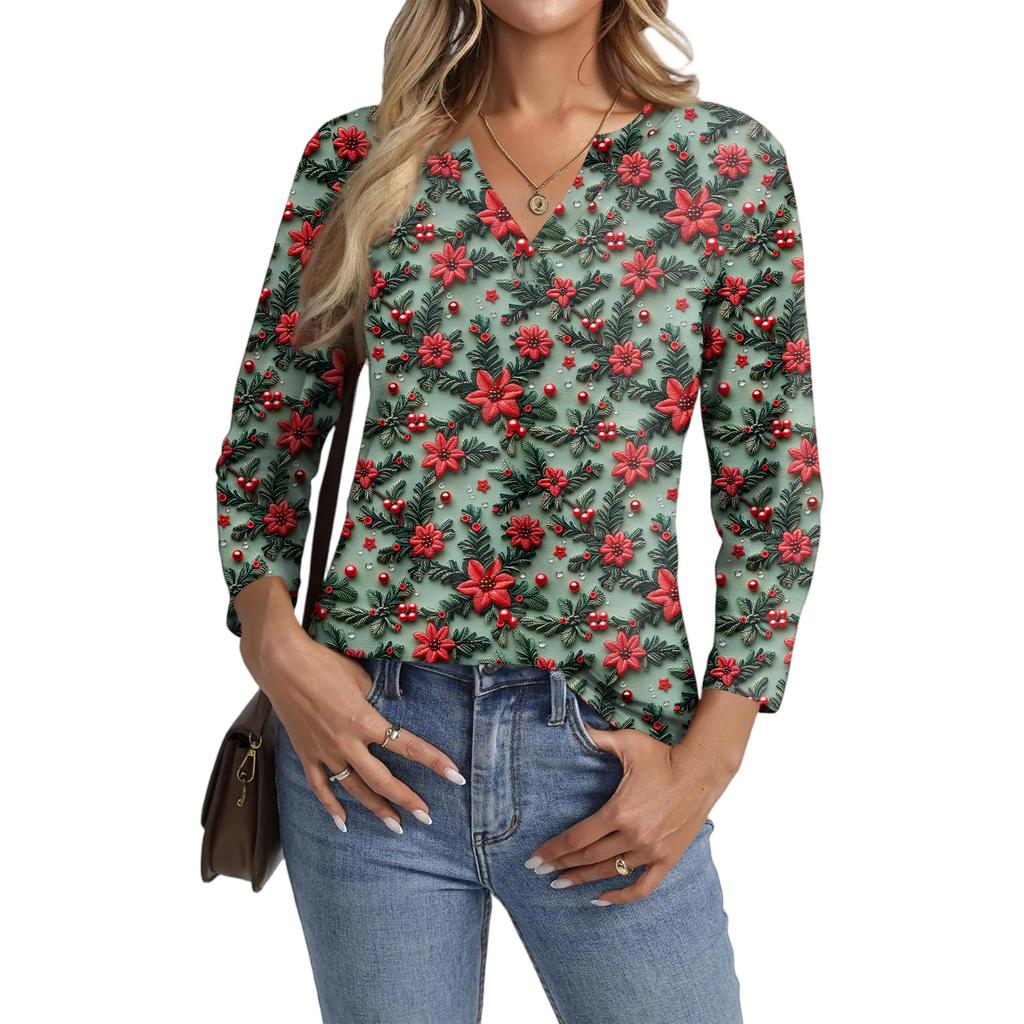 Women's Casual Fashionable Sexy Comfortable V-Neck Christmas Three-Quarter Sleeve Top