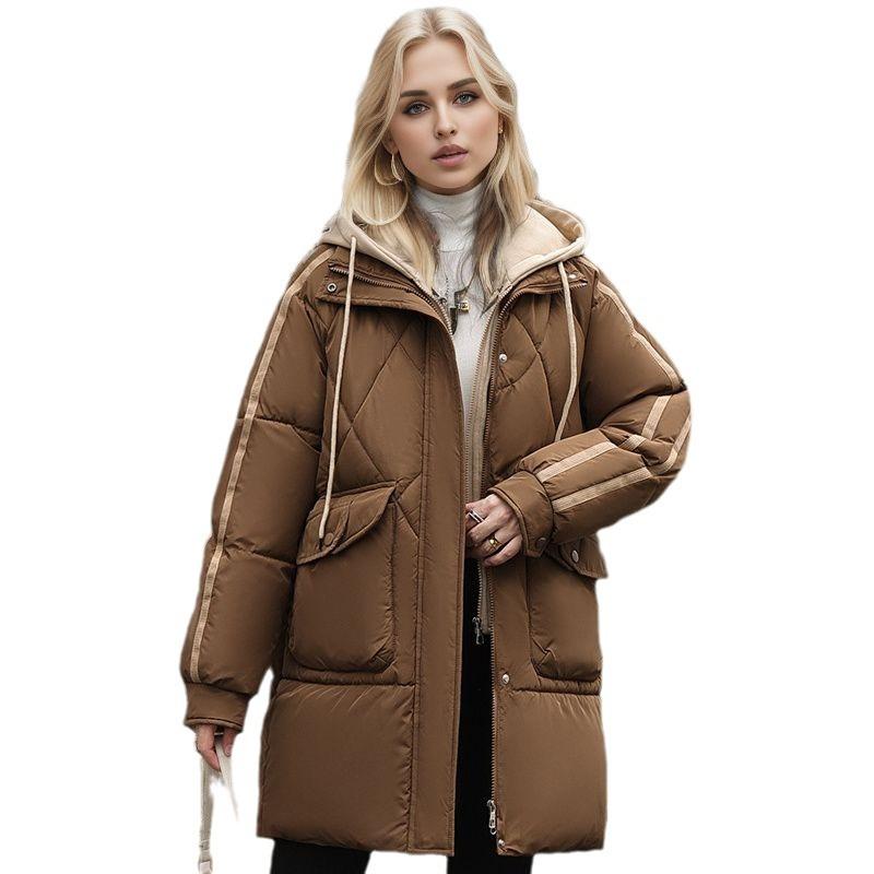 Damen Wattierte Jacke 2024 Winter Damen Kontrast Kapuze Verdicken Warm Lange Jacke Damen 2 Taschen Fake Zweiteilig Baumwolljacke