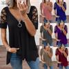 Ladies Short Sleeve Tops V Neck Zipper Shirt Ladies Hollow Solid Color Loose T Shirt Big Size Cotton Shirt