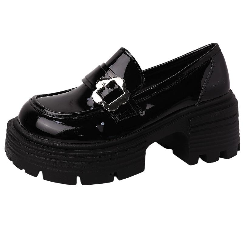 Versatile shallow loafers round head single shoes autumn and winter fashionable and comfortable simple leather buckle Versatile thick heel high he