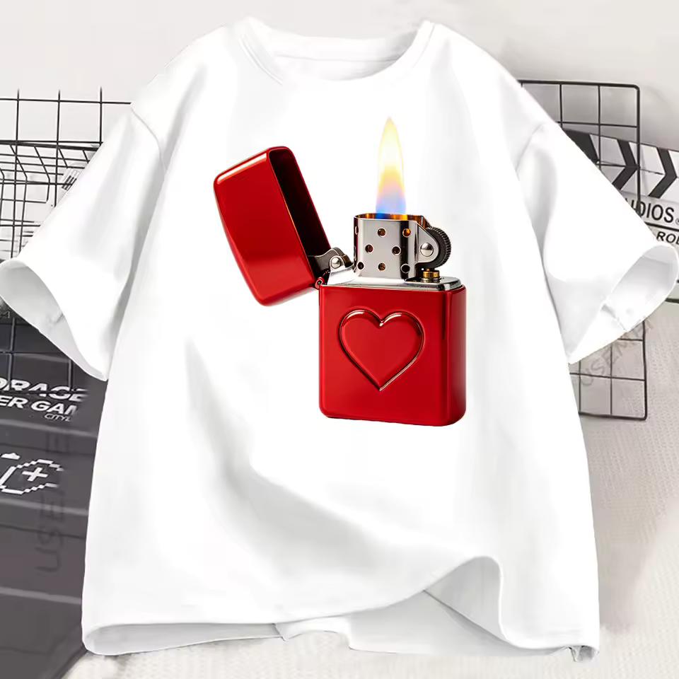 Heart Lighter Print Women T Shirt Retro Graphic Tee Casual Short Sleeve O Neck Loose Aesthetic Summer Streetwear Top Tops