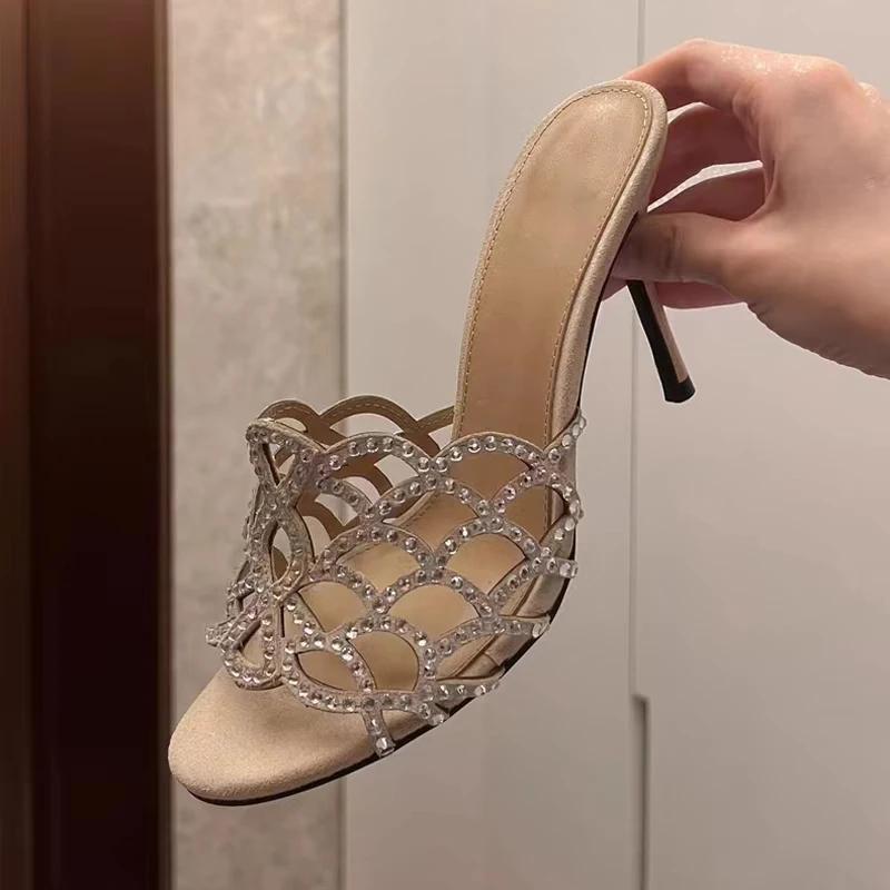 2025 Summer Trend Rhinestone Open Toe High Heel Slippers Sexy Hollow Slip-On Sandals Outdoor Party Formal Stiletto Sandals New