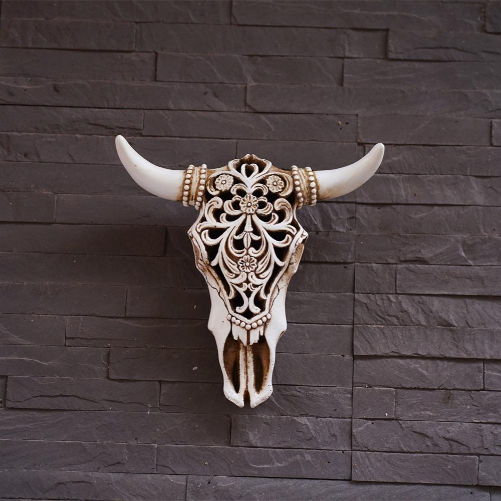 Retro Stierschädel Ornamente 3D Hohl Tier Skulptur Harz Longhorn Kuhkopf Handwerk Wandbehang Dekoration Heimdekor Figur