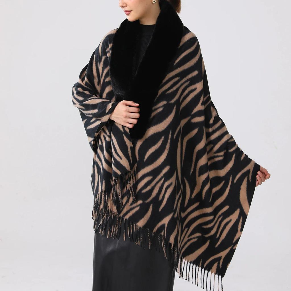 Fur Collar Cashmere Shawl Scarf For Woman Warm Tassel Zebra Printed Shawls Fashion Long Wraps Thicken Pashmina Foulard Scarves