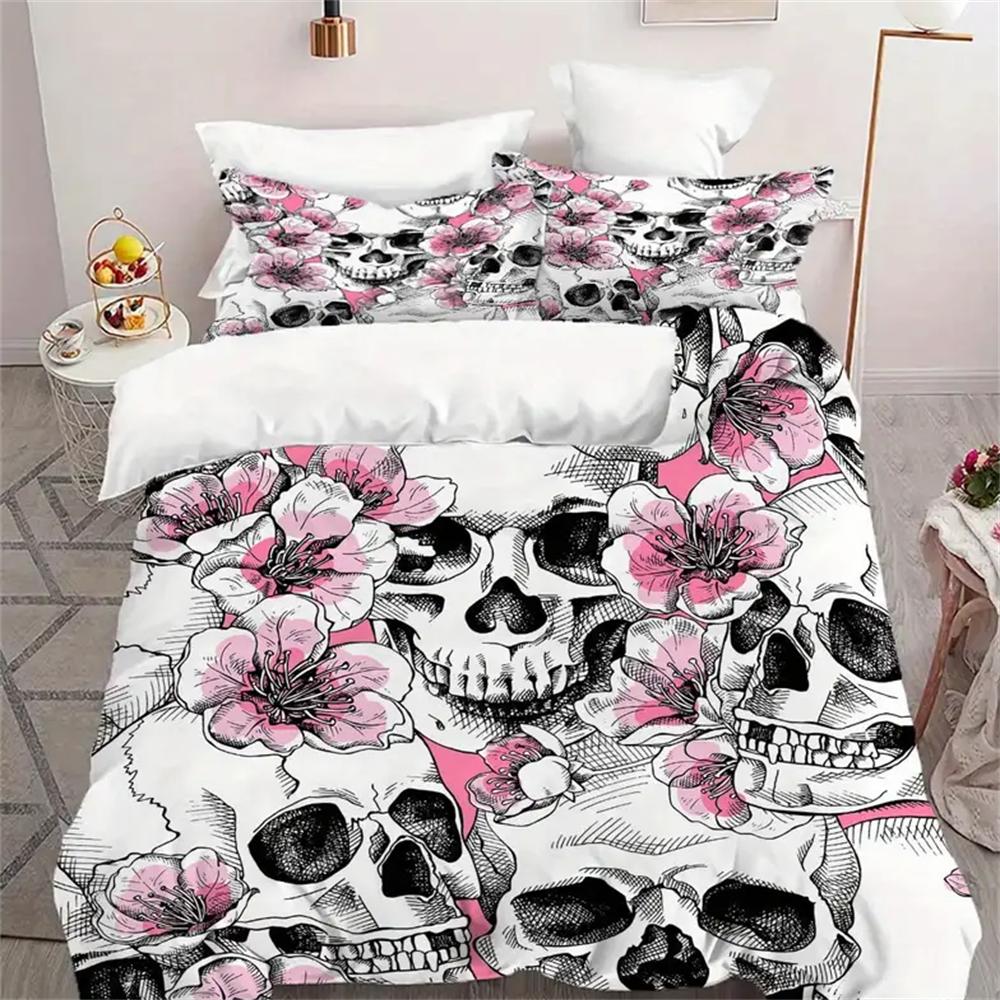 Pink Floral Skull Print Duvet Cover Set - Includes 1 Duvet Covers Set and 2 Pillowcases, Zip Closure, Perfect for Bedroom