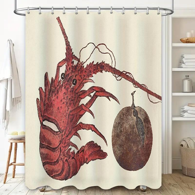 Unique Red Lobster Shower Curtain Rustic Kitchen Decor Fish Bath Mat Set with Coconut Design Waterproof Fabric for Bathroom Deco