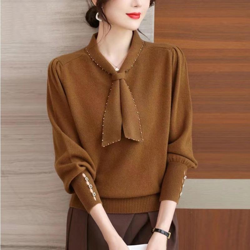 

Вязаный свитер с бантом-стримером, женский, новая осенняя одежда, модный повседневный темпераментный топ с внутренней майкой L