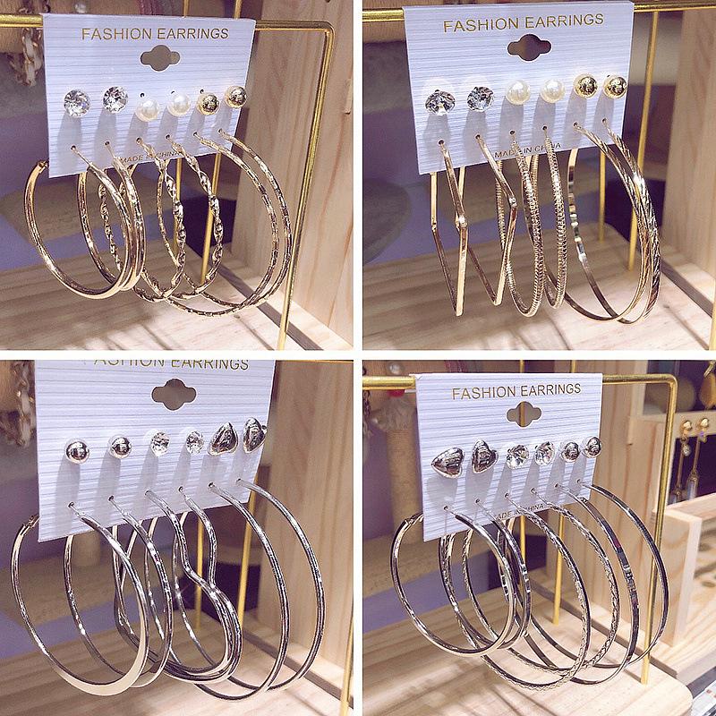 6 Pair Fashionable Alloy Circle Earrings Women'S Stud Earrings Attractive Multi-Element Jewelry Set Elegant Ear Jewelry