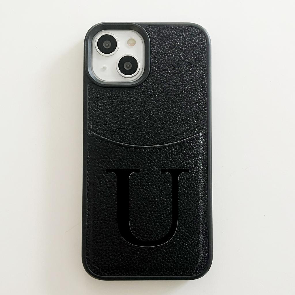 Custom Name Initial Big Letter Insert Card Phone Case For iPhone 16 15 14 13 12 Pro Max Plus Hot Foil Stamping Faux Leather Case