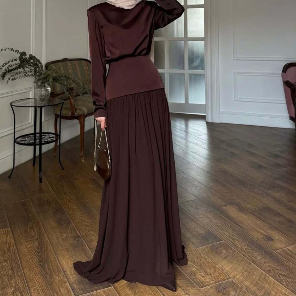 Cross-border European and American Women's Clothing Light Blue Solid Color Boat Collar Long-sleeved Waist Top Casual Pleated Skirt Set