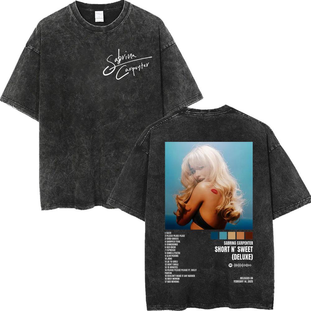 Sabrina Carpenter Album Poster Graphic T Shirt Men Women High Quality Vintage Washed Tshirt Summer Casual Loose Cotton Tshirts