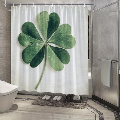 1Pc Four-Leaf Clover Shower Curtain With Water Droplets & Textured Light Gray Background - 70X70 Inch Polyester Bathroom Decor