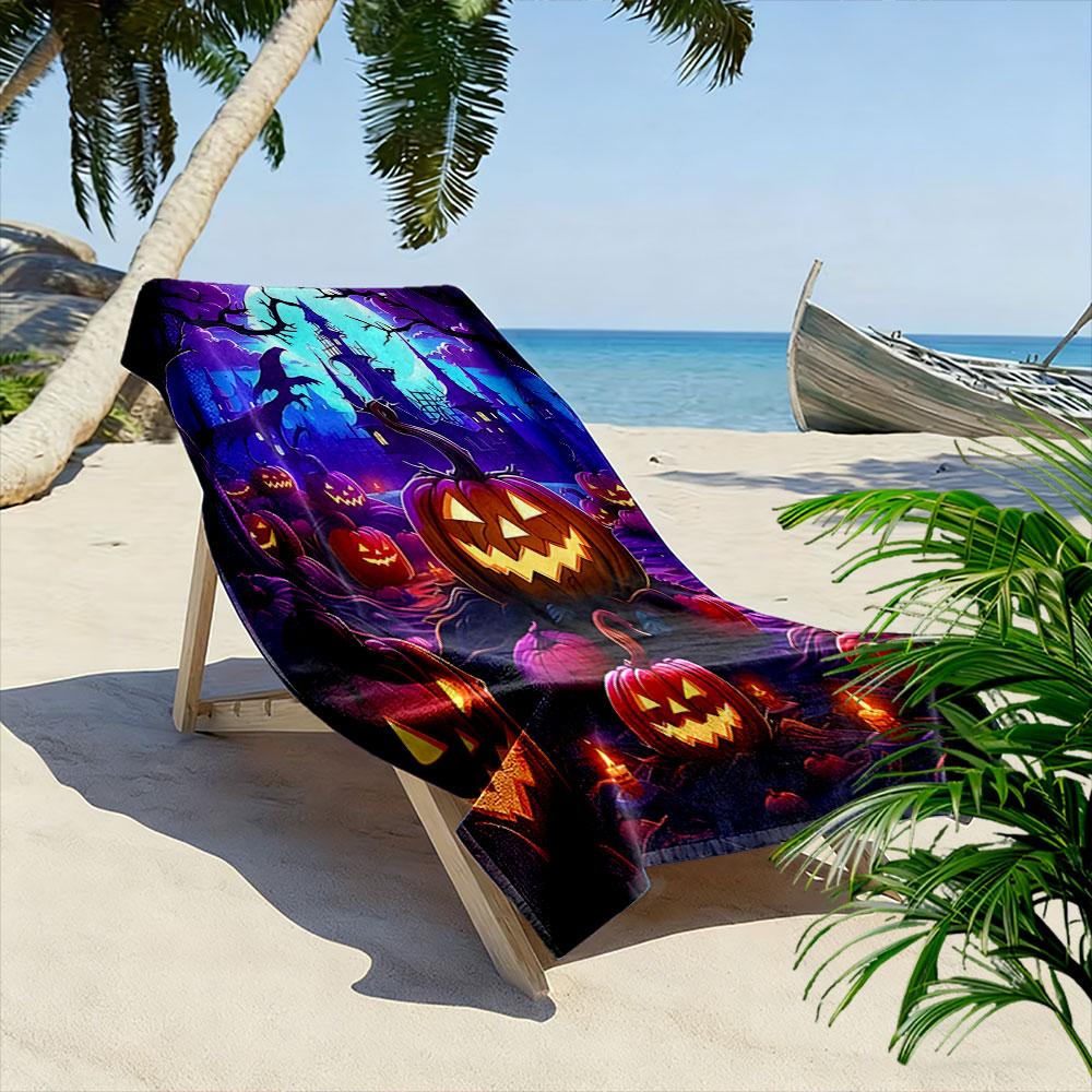 Glowing Pumpkin Mystery Night Print Beach Towel, Quick Drying, Suitable for Travel, Outdoor Sports, Jogging, the Beach and Swimming, Gift