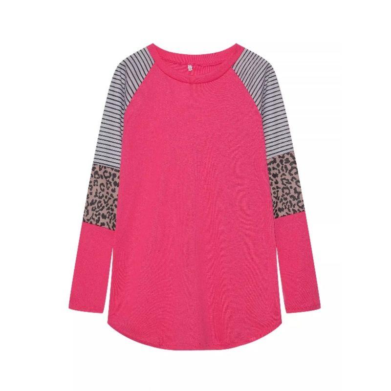 Cross-Border Fashion Autumn New round Neck Stripes Leopard Print Print Contrast Color Raglan Sleeve Long Sleeves T-shirt Women's Fashion All-Matching