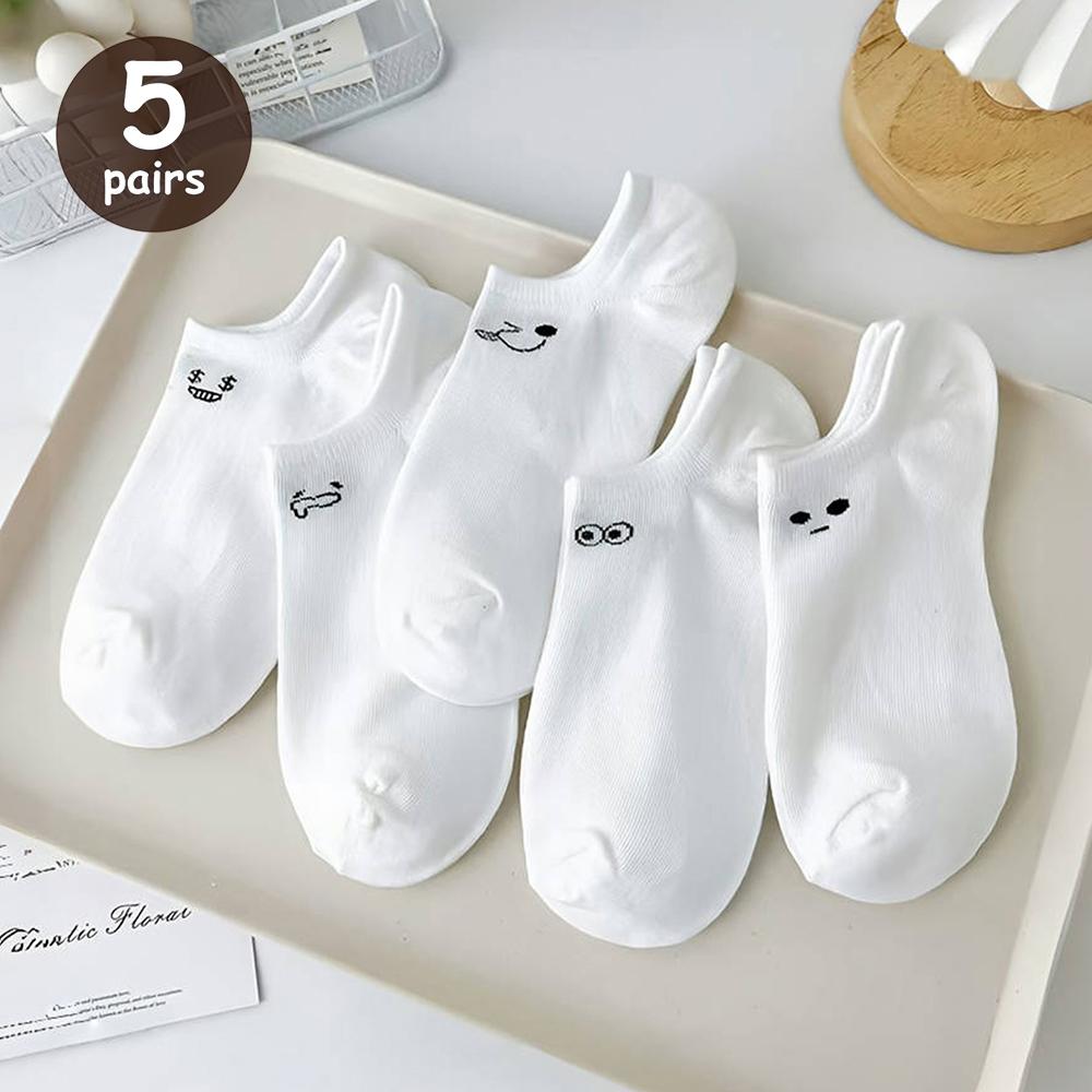 

5/10 Pairs Women Cartoon Socks Round Mid Tube Fashionable Cute Expression Pattern Socks Casual Breathable Autumn Girls Socks One Size
