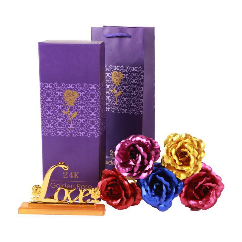 Gold Rose 24K Gold Leaf Rose Simulation Bouquet Creative Christmas Valentine's Day Birthday Gift Factory Wholesale Purple Flower + Purple Box Set