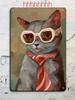 Vintage Tabby Cat Wall Art Aluminum Metal Painting Lollipop Knife Decor 20x30cm
