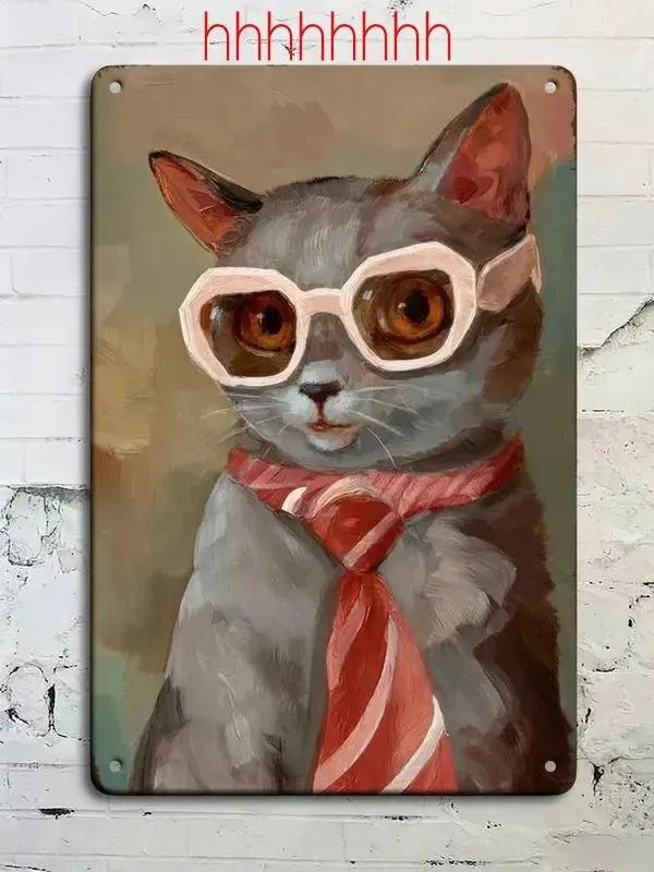 Vintage Tabby Cat Wall Art Aluminum Metal Painting Lollipop Knife Decor 20x30cm