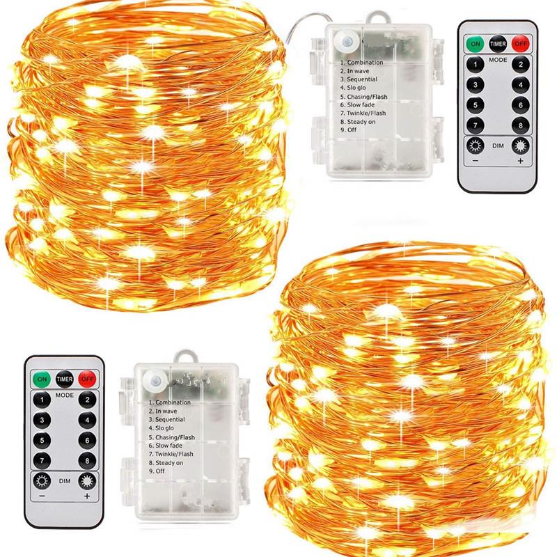 Remote-Controlled Camping String Lights, 8 Functions, 10m, 100 Warm White LEDs, Waterproof Battery Box, Copper Wire