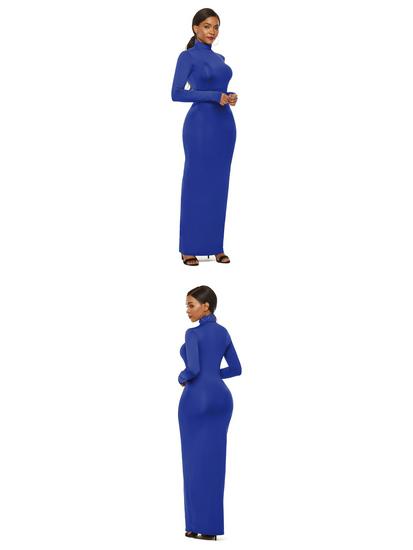 Elastic High-Neck Long-Sleeve Maxi Dress