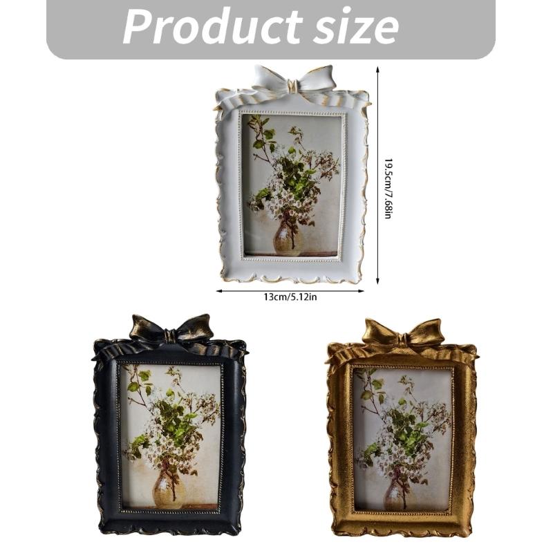 Decorative Tabletop Photo Frame with Antique Bowknot Detail, Resin Portrait Frame for Shelf Styling and Home Accent