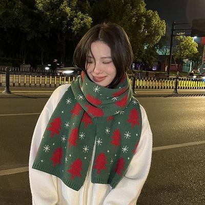 Versatile Christmas Tree Red Knitted Scarf Women's Match Christmas Gifts Autumn Winter Warm Neck Protection Scarf Green Scarf