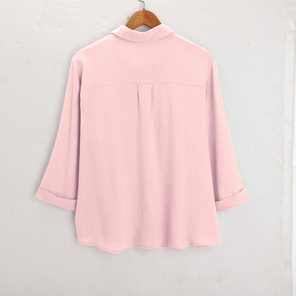 Womens Button Down Shirts 3/4 Sleeve Casual Collared Shirt Loose Blouses Solid Color Tops With Pocket