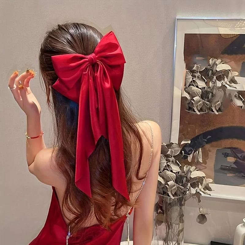 Women Large Bow Hairpin Elegant Long Ribbon Bow Hair Pins Fashion Simple Hair Clip Back Head Clips Half Tied Hair Accessories