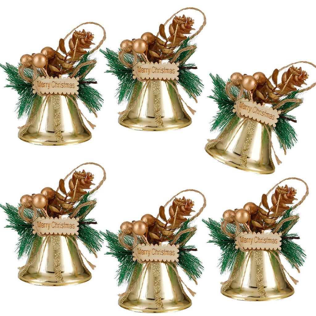 Mehrzweckpackung mit 6 Weihnachtsglocken-Ornamenten. Robuste Dekoration aus Metall und Holz für festliche Wohnaccessoires