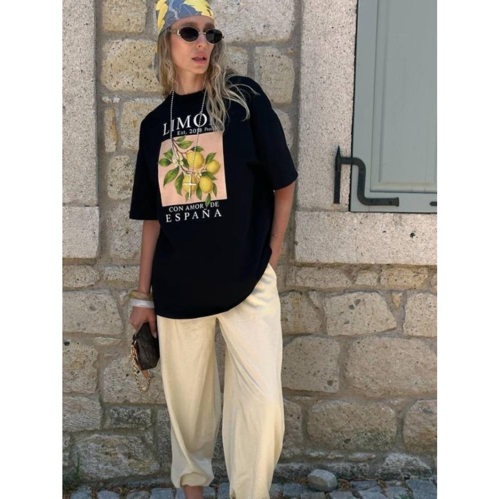 Neues Damen-T-Shirt mit Rundhalsausschnitt Neues Sommer-T-Shirt mit spanischem Zitronen-Print „LIMÓN“ Oversized Lässig Tägliches Tragen